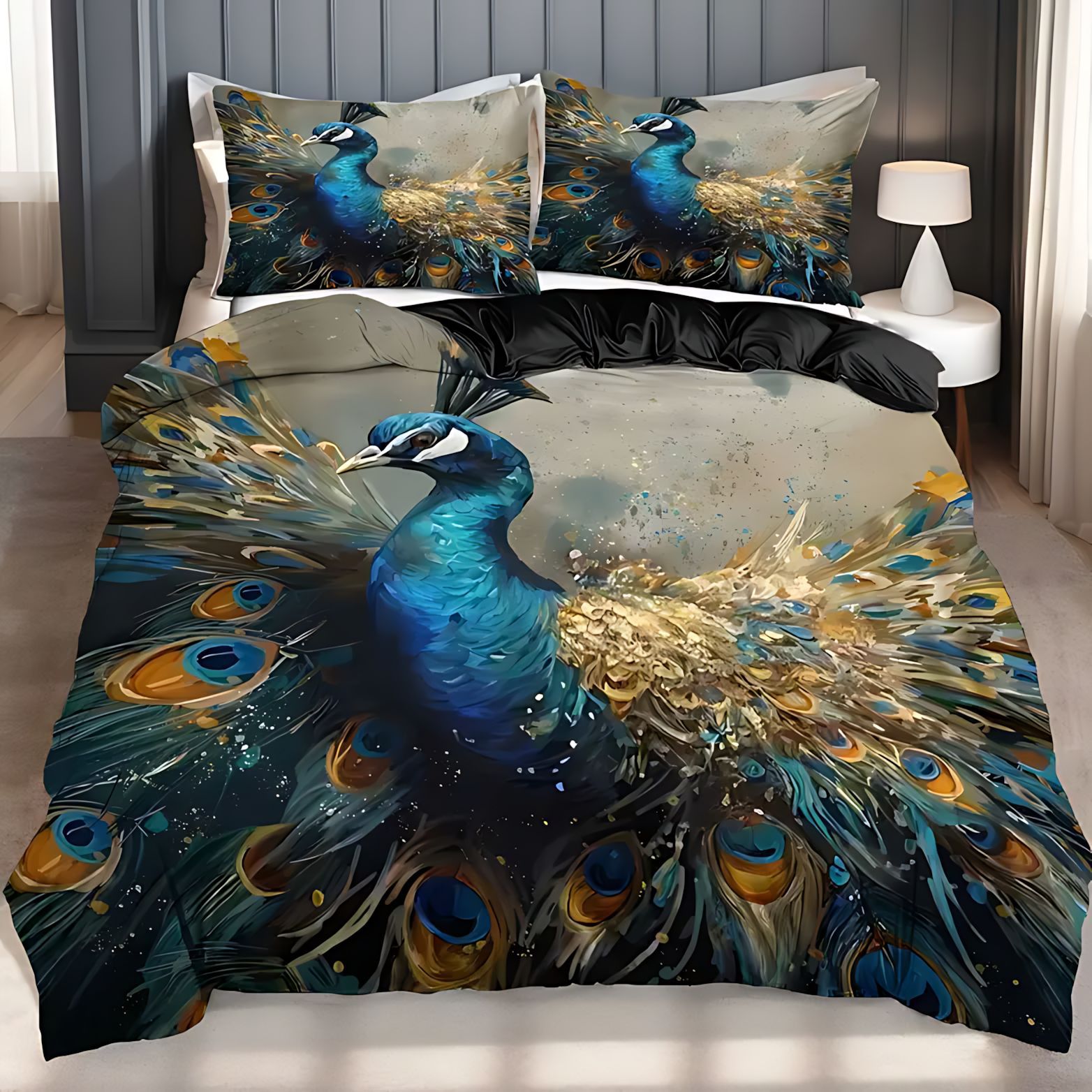 TEMU / JIT Peacock Flower HD Impresión digital abrasión colcha de cama set transfronterizo se puede ajustar
