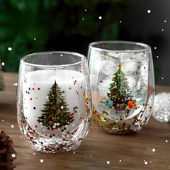 新しい流動スパンコール二重クリスマスカップ耐高温高ホウ素シリコン二重グラスかわいい透明コーヒーカップ