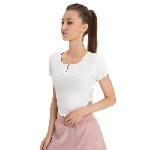 New European and American ribbed yoga wear women's short-sleeved V-neck nude stretch tight sports T-shirt running fitness top