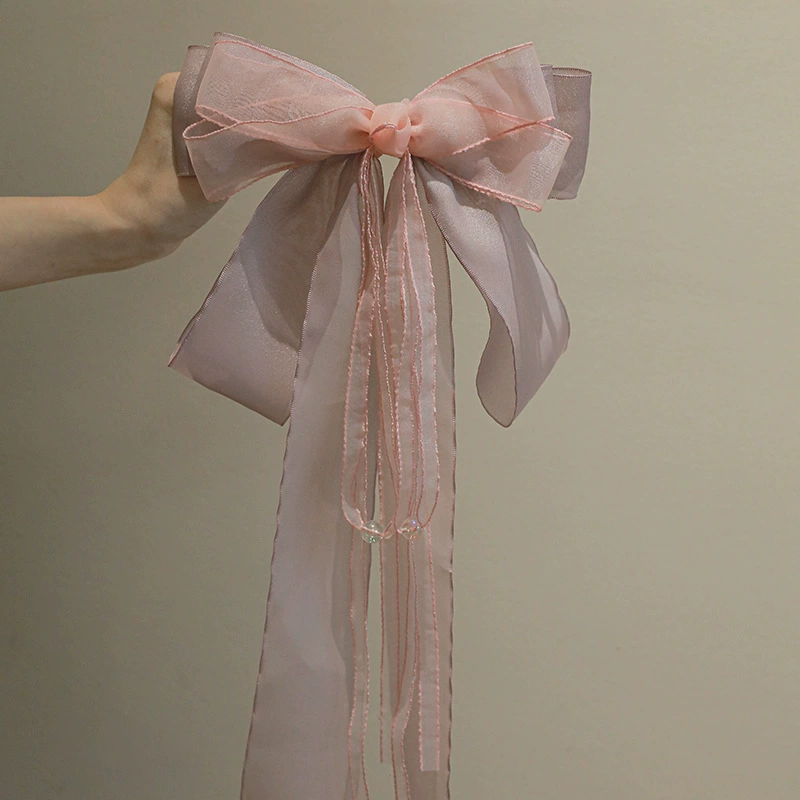 Большой бант Hair Clip — заколка-краб для волос, Elegant Ribbon Tails, Фуксия или Бежевый