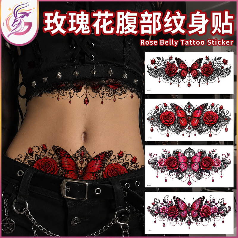 Rose flower belly tattoo sticker, sexy waist and thigh couple fun lace butterfly blood red rose waterproof tattoo Rose flower belly tattoo sticker, sexy waist and thigh couple fun lace butterfly blood red rose waterproof tattoo