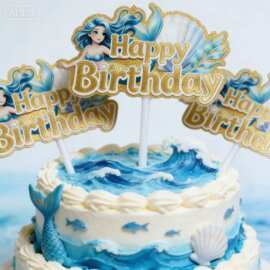 跨境独角兽美人鱼主题金葱纸蛋糕插牌西语生日快乐蛋糕装饰插排卡