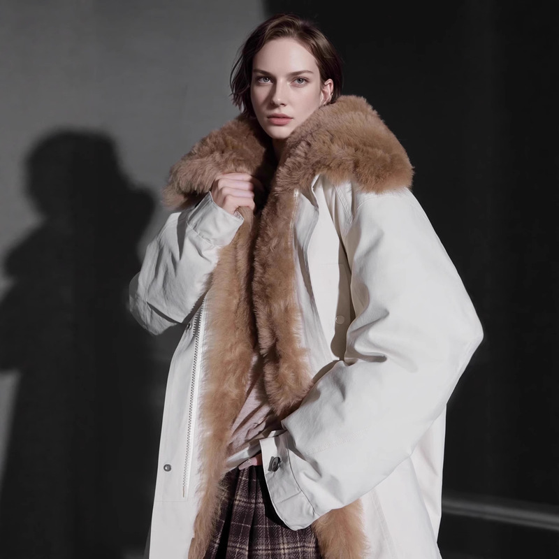 Patchwork down Parka with Floral Collar and Pleated Hem Design, Tuscany down Jacket with Large Fur Collar and Goose down