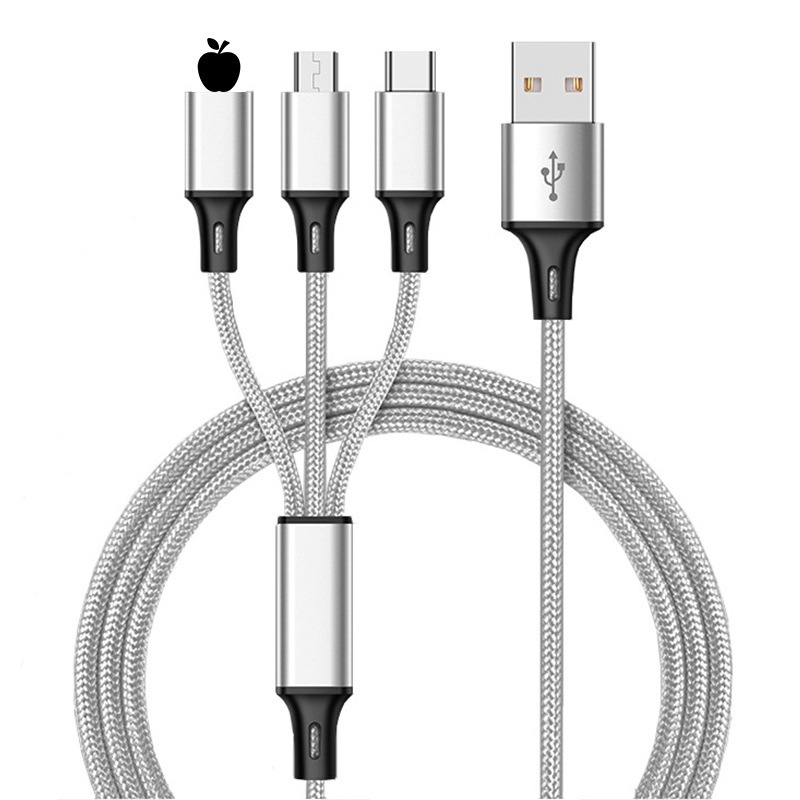 Cable de carga de teléfono móvil tres en uno tejido de nailon de fábrica para el cable de datos uno a tres de Apple tipo Android