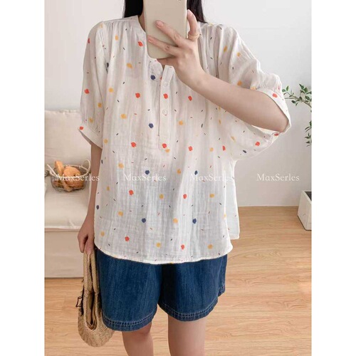 Japanese-style new half-open V-neck double-layer cotton gauze printed five-button sleeve women's literary casual loose top wholesale