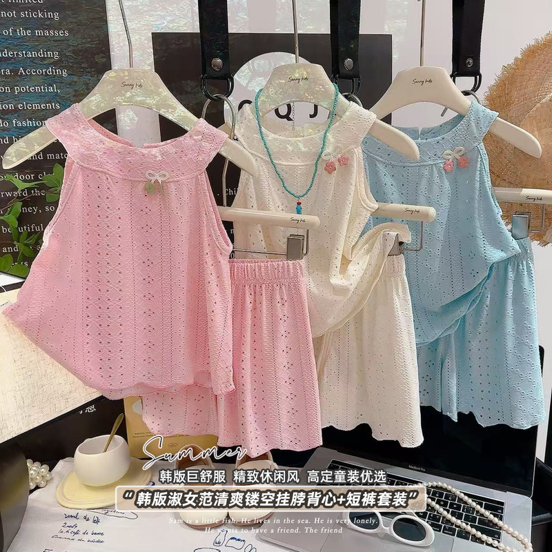 Summer New Hollow-out Slip Skirt suit Girl's Western-style Ruffled Vest Skirt Korean-style Baby Two-piece Set Summer New Hollow-out Slip Skirt suit Girl's Western-style Ruffled Vest Skirt Korean-style Baby Two-piece Set