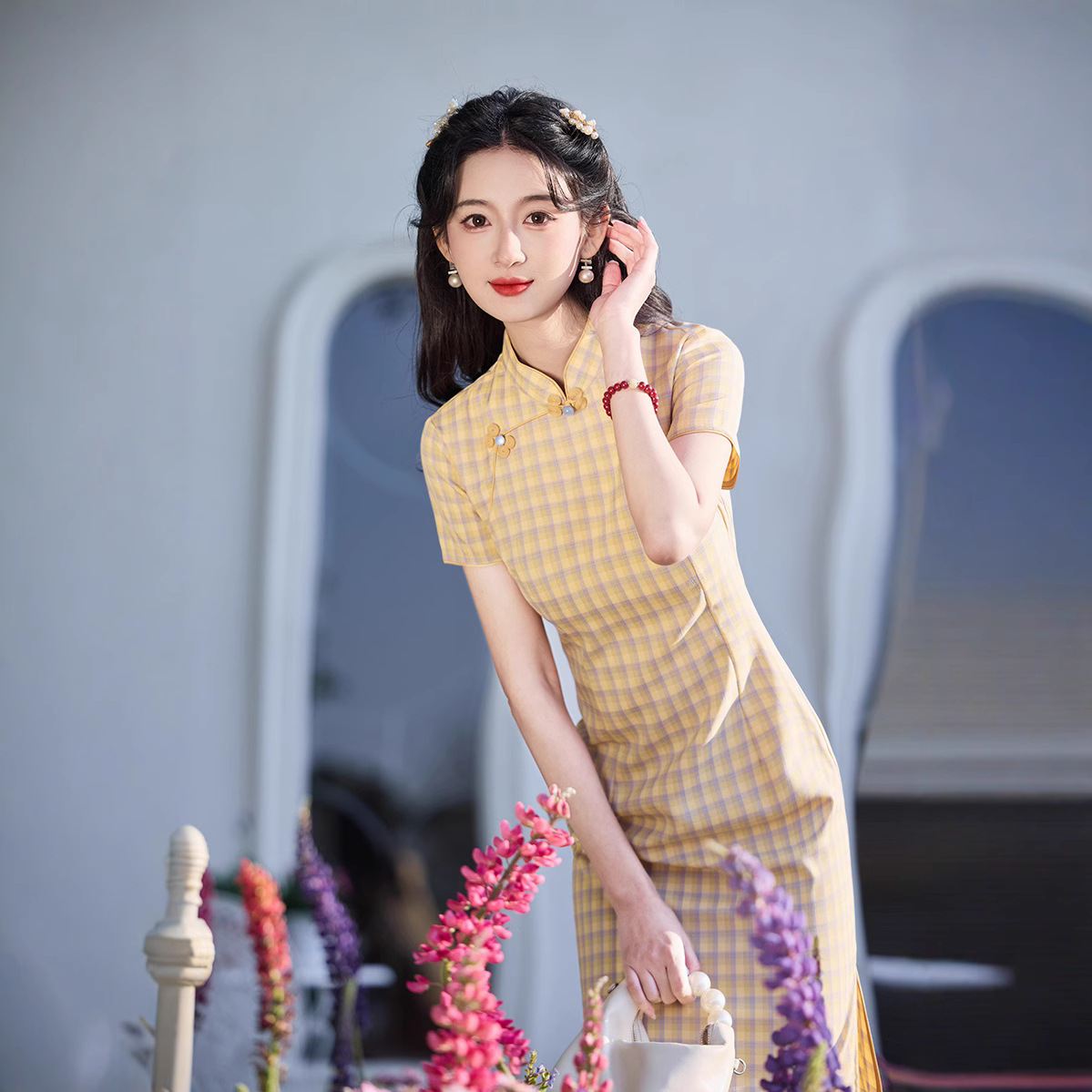 夏露2025年春夏新款气质日常修身棉麻格子少女款年轻黄绿改良旗袍