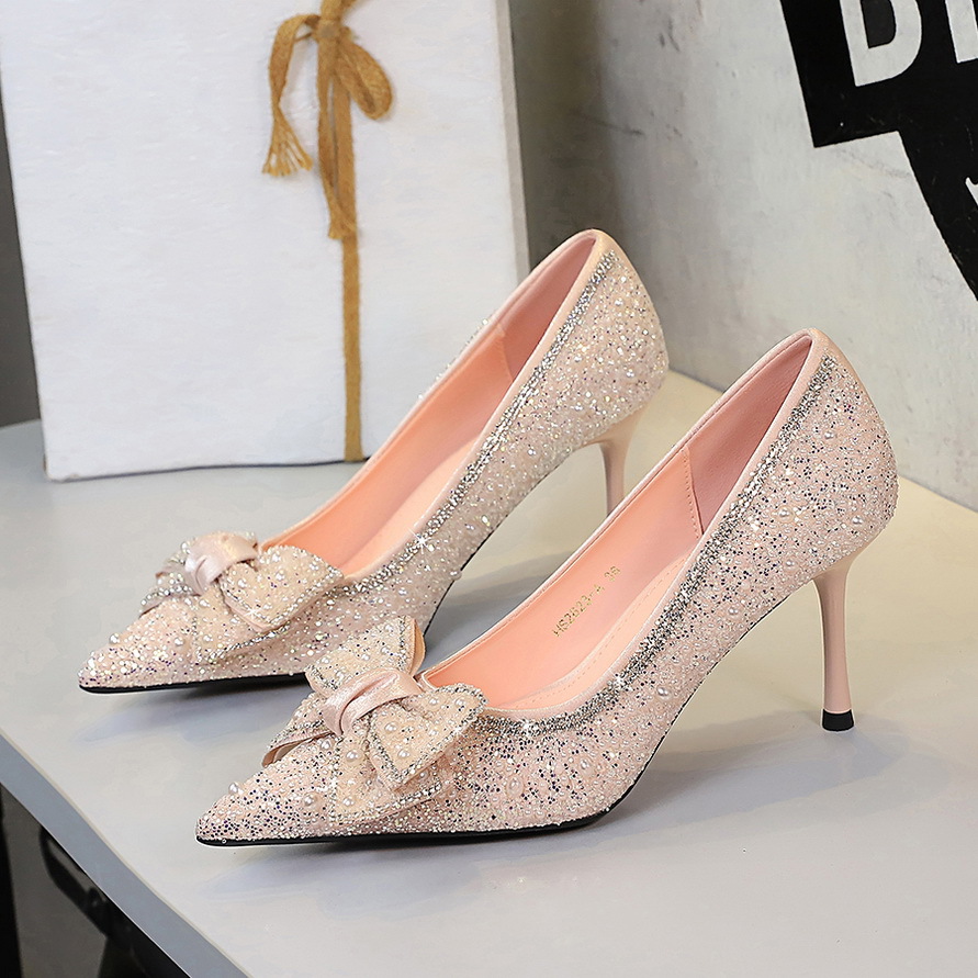 2623-AH99 French-style Sequin Beaded High-heeled Pointed-toe Shallow Bow Rhinestone Stiletto Slip-on Women's Shoes_vogvips.com