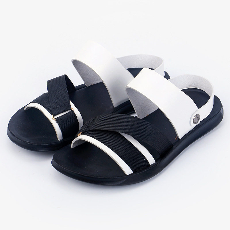 Dép sandal nam quai ngang hở ngón da PU chống trơn trượt, đế mềm thoáng khí đi biển mùa hè — Đen toàn bộ, Đen trắng