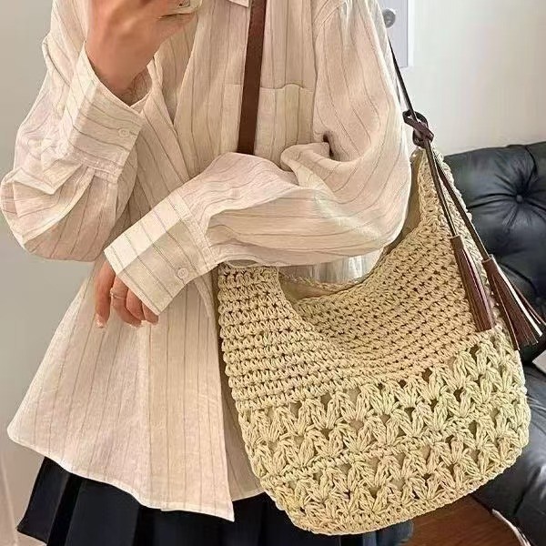2025 New Summer Straw Woven Bag For Women - Fashion Large Capacity Shoulder Bag, Beach Vacation Style Commuter Tote - Thumbnail 2