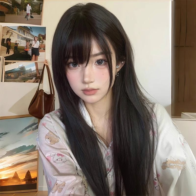 Wig for Women with Medium and Long Hair, Fuchi Style Black Long Straight Artificial Hair Full Headgear Fashionable Full Bangs Natural Wig Set