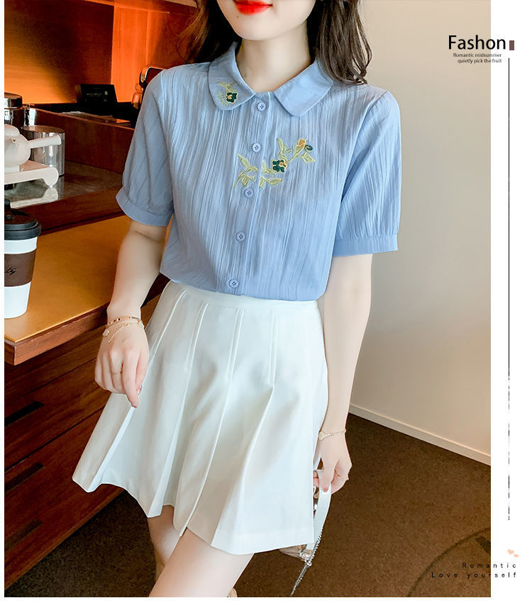 夏装2024年新款时尚纯棉衬衣女洋气全棉短袖气质女士衬衫刺绣上衣详情19