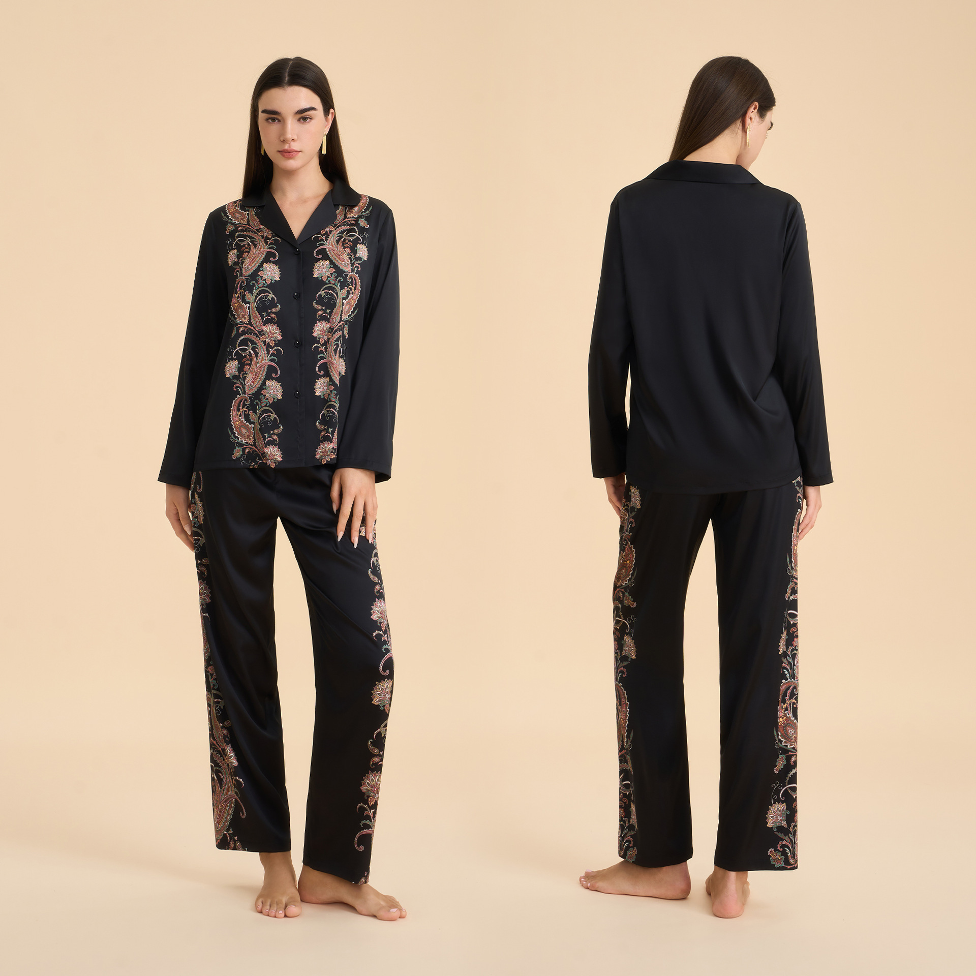 Conjunto de Pijama de Satén para Mujer TZ3999 de Chifón con Estampado y Cuello Solapa para Casa y Exterior
