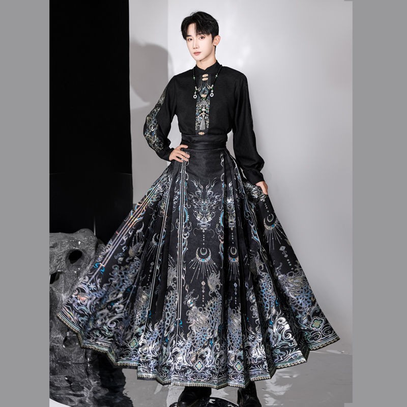 Kirin Tieshanhe New Chinese Style Couple's Patterned Gold Dragon Silk Satin Horse Face Skirt Men's Hanfu