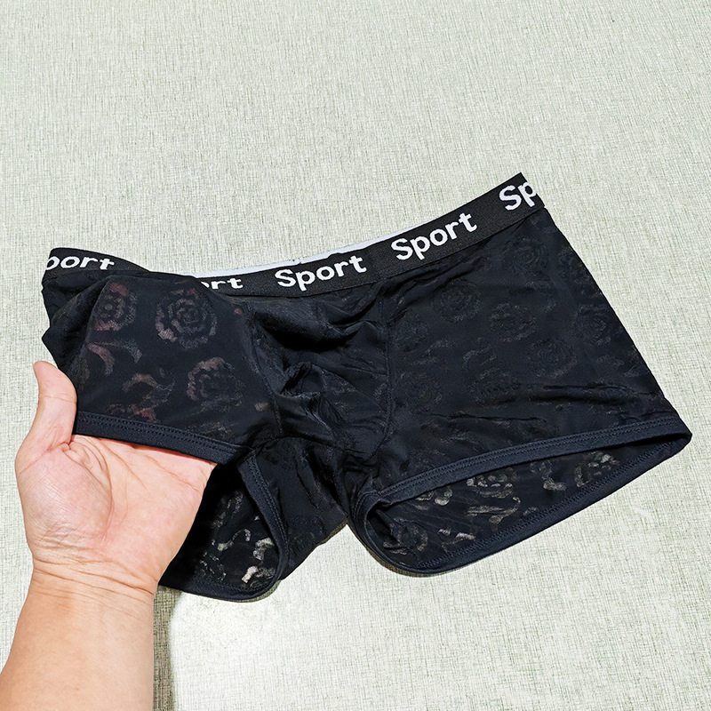 Men's Transparent Shorts Ice Silk Rose Underwear Men's Jacquard Boxer Low Waist Close-Fitting Lace Sexy Men's Boxer Briefs