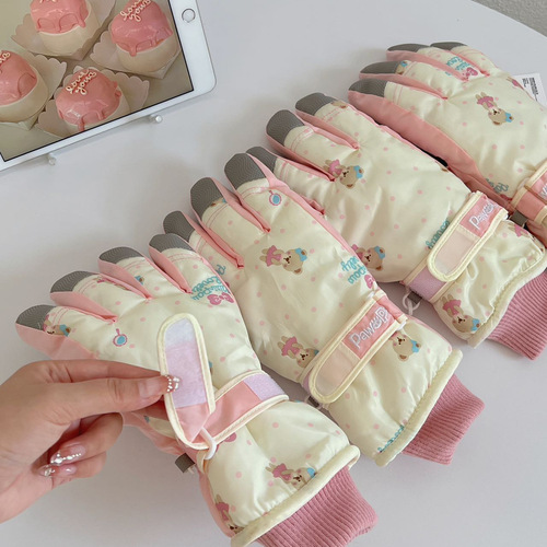 Korean style soft girl ski gloves cute bear winter warm plus velvet anti-slip outdoor windproof cycling five-finger gloves