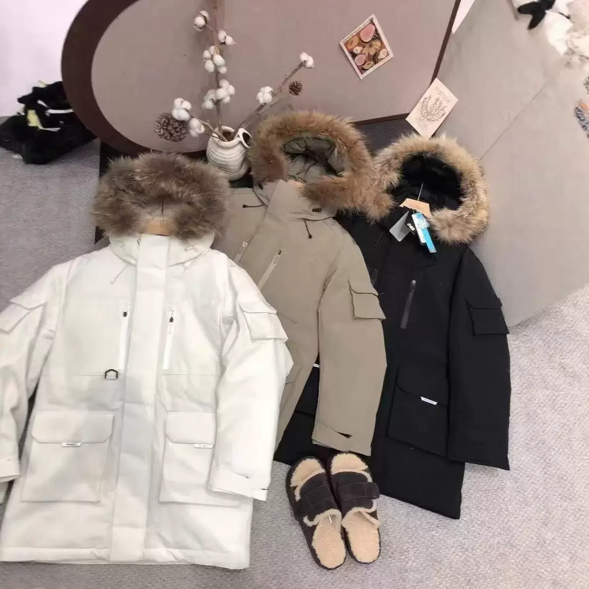 25冬季B家连帽大毛领羽绒服韩系休闲连帽中长款工装羽绒服外套