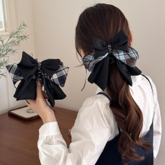 复古感缎面珍珠蝴蝶结抓夹女后脑勺低马尾发卡半扎发发夹气质发饰