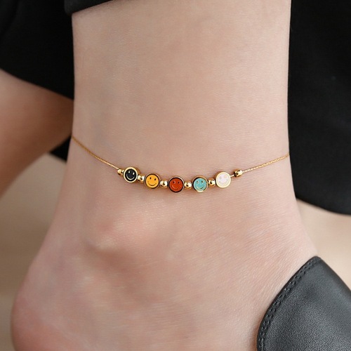 Colorful smiley face anklet for women  new trendy 18k gold high-end anklet summer sexy extended titanium steel does not fade
