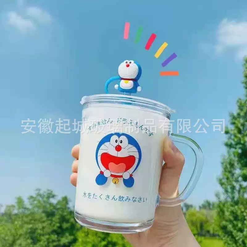 Children's Cartoon Glass Mug, 401–500 ml, Glass Straw & Dustproof Lid, Handle