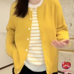 大码女装早秋新款条纹长袖假两件气质显瘦休闲时尚圆领毛针织开衫