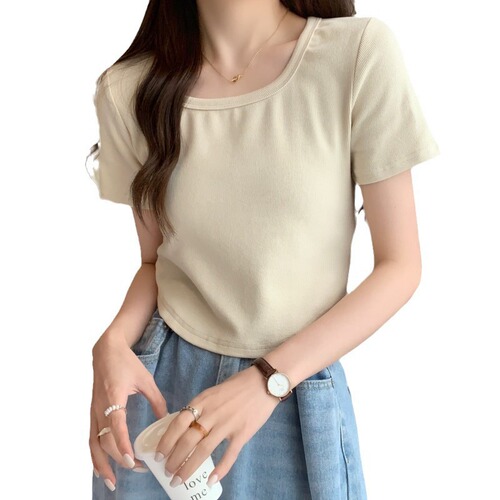 Design sense Figure-fitting, slimming, curved hem, short top for women, 2024 summer threaded bottomed shirt, short-sleeved T-shirt, women