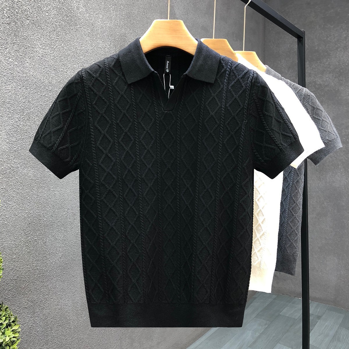 Men's Clothing Plus Size Men's Shirt Style Short Sleeved V Neck Business Collar Cable Knit T-Shirt For Formal & Casual_voghion.com