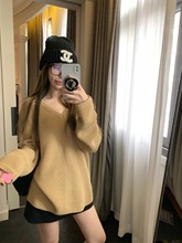 Hhyii 慵懒格调 卡其色毛衣女秋季新款慵懒风宽松长袖针织衫上衣
