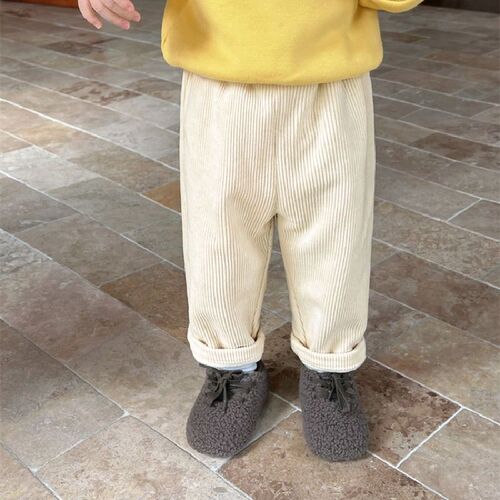 Children's lined casual pants for autumn and winter, featuring plush lining, suitable for both boys and girls, straight-leg design, warm and cozy, for kids' clothing.