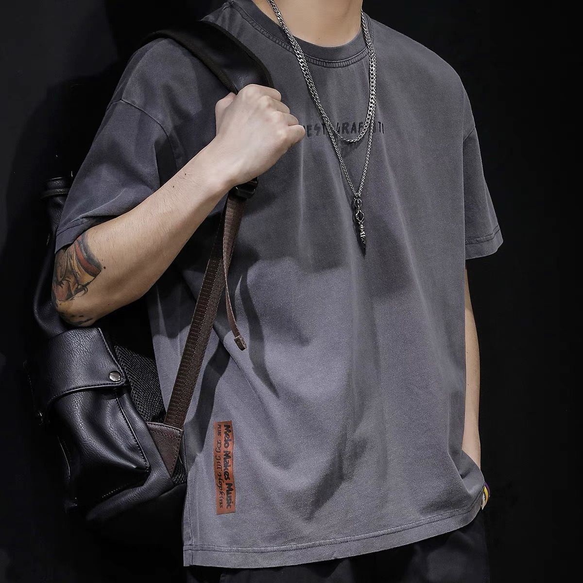 Moda americana japonesa y coreana marca de moda media manga estilo nostálgico retro manga corta camiseta de los hombres de verano suelto de negocios cuello redondo