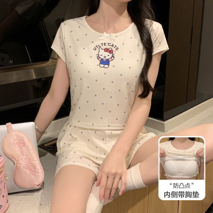 Estilo explosivo con almohadilla para el pecho, seda de hielo, cuello redondo acanalado, Douyin Live, libro rojo, moda de verano, pijamas de manga corta, servicio a domicilio para mujeres image 6