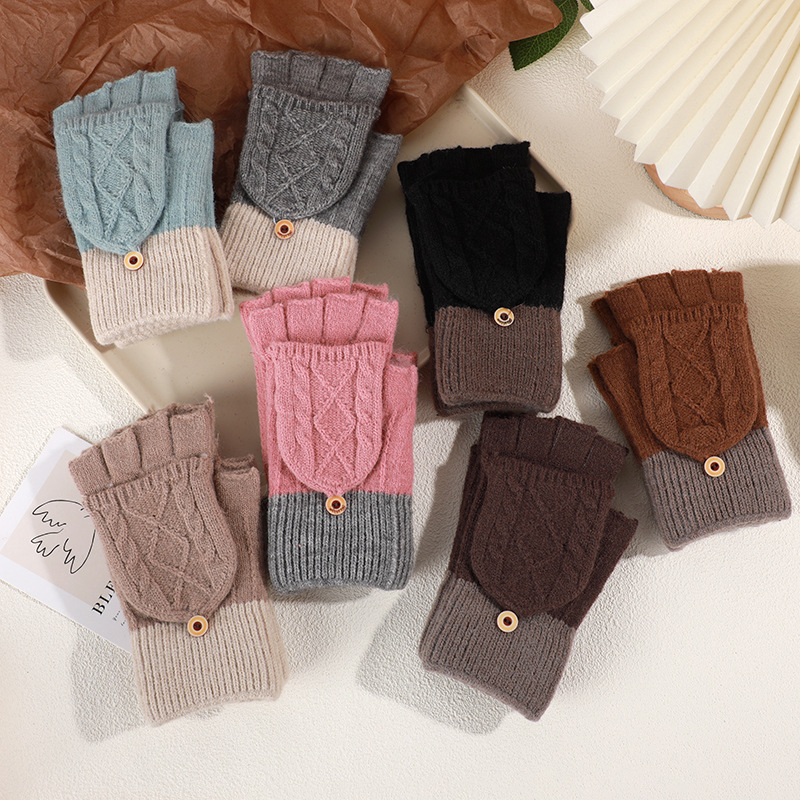 简约五指保暖纽扣半盖手套日系冬季运动骑行学生两用防寒