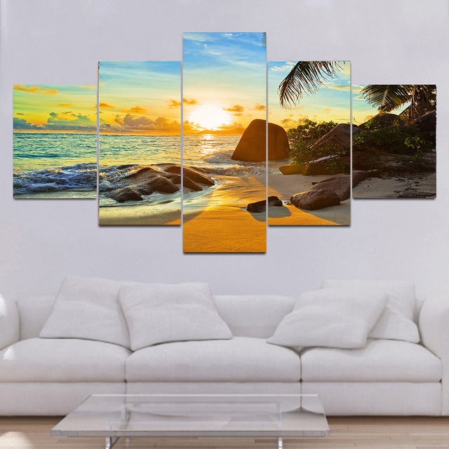Modern High-Definition Five-Part Modern Sunset Landscape Canvas Beach Cloud Tropical Ocean Decorative Painting Art Painting Oil Painting