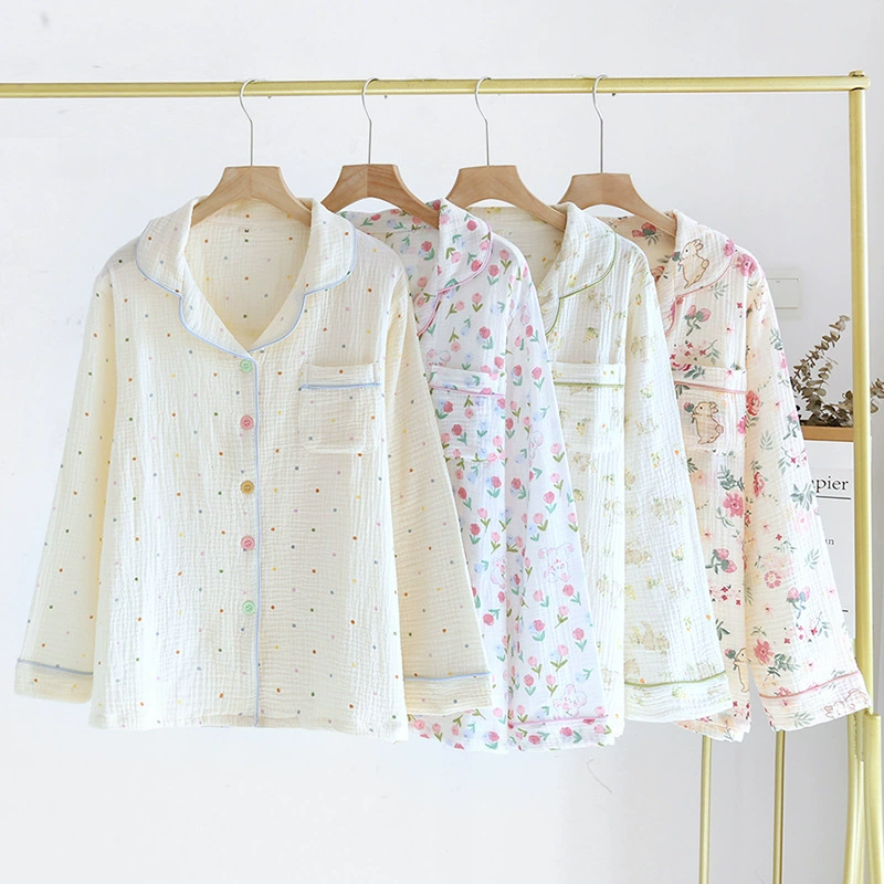 Хлопковая Домашняя одежда, женский топ, весна и осень, тонкий марлевый Кардиган с длинным рукавом, пижама с отворотом и принтом, свободная повседневная