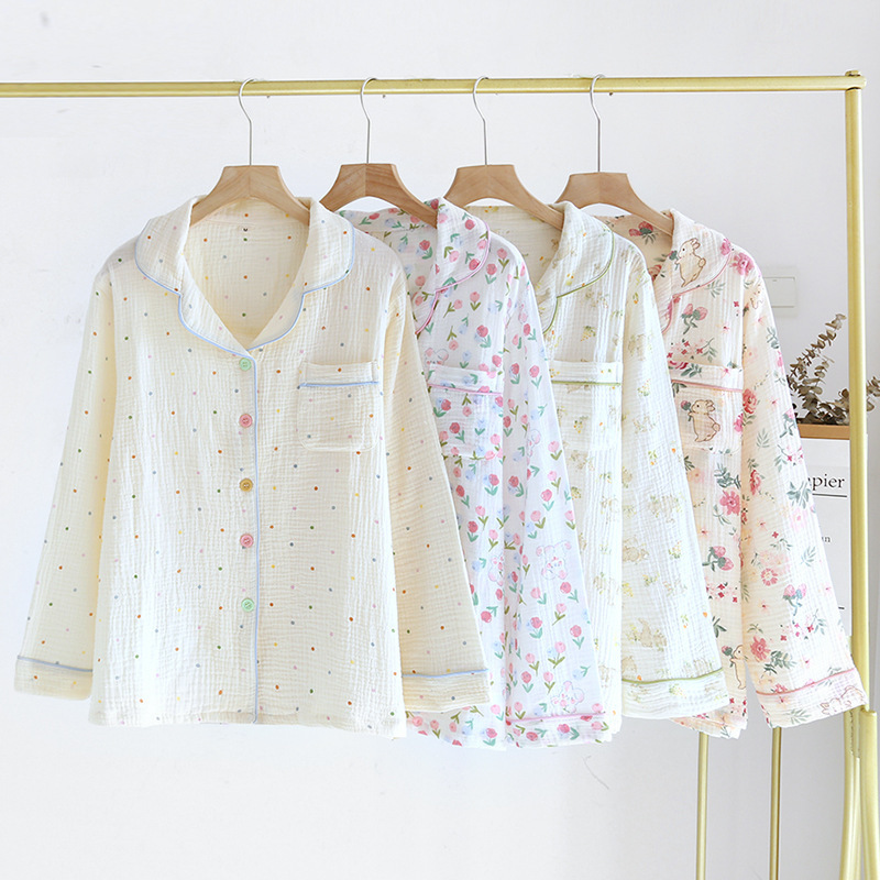Cotton home wear top women's single spring and autumn thin gauze long sleeve cardigan Printed Lapel pajamas loose casual