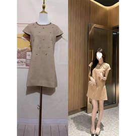 D5K松茶可可连衣裙重工純手工立体钉珠苎麻