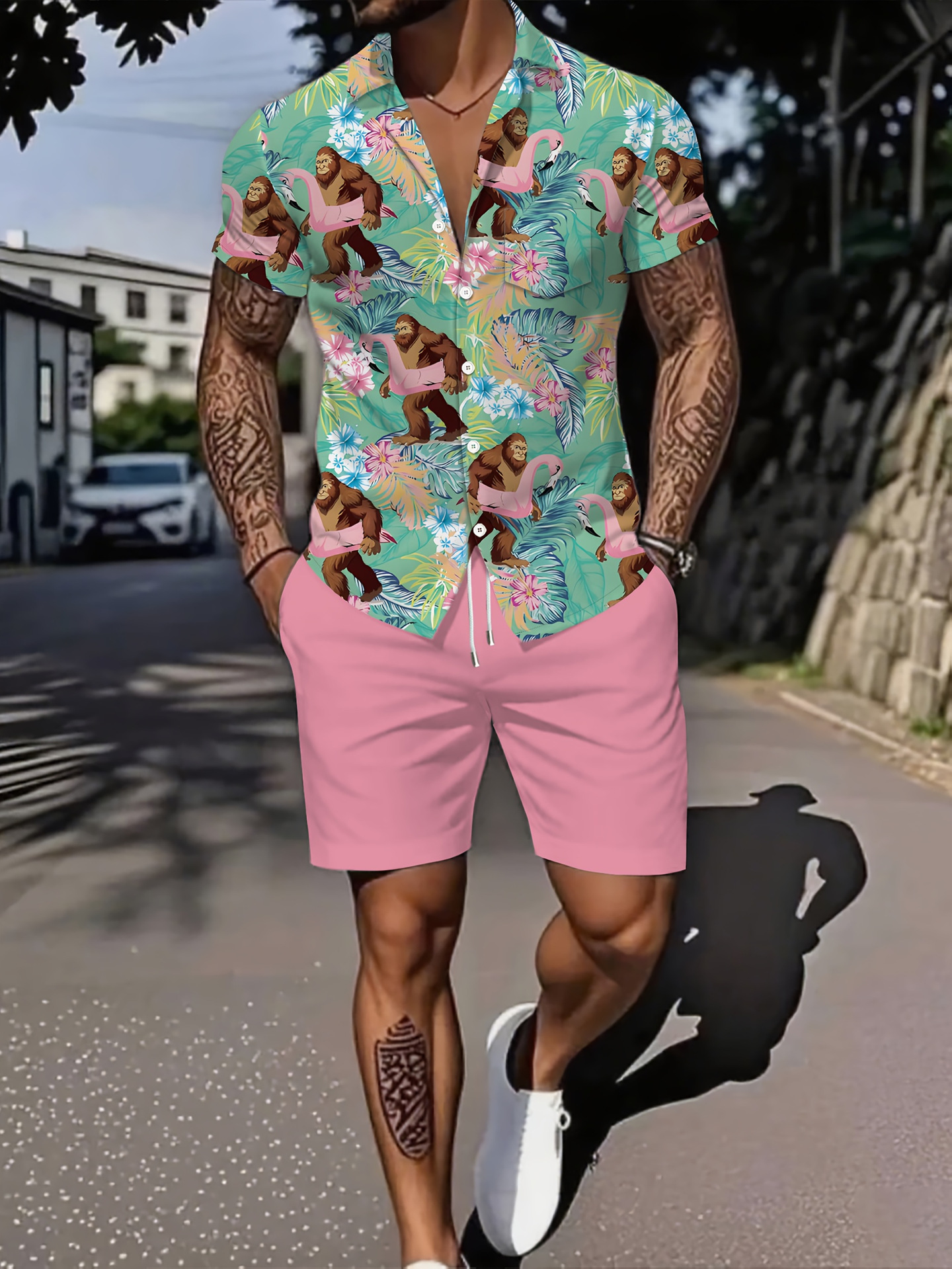 Ensemble deux pièces pour homme : chemise à manches courtes respirante et ample, imprimé lettres, style décontracté idéal pour l'été._voghion.com