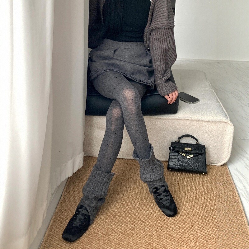 Spring, Autumn, and Winter Slightly See-Through Polka Dot Leggings, Gray Versatile Slim Fit, Can Be Worn Outside, Pantyhose That Doesn'T Slip Down, Paired with Long Boots