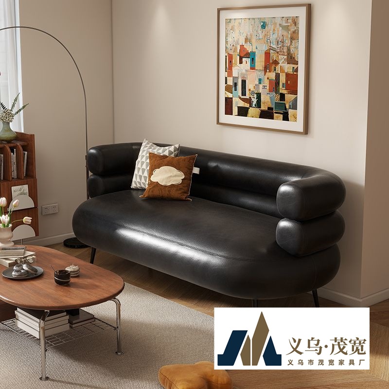 Leather Art Sofa Small Apartment Retro Mid-Century Style Living Room Bedroom Oil Wax Leather Sofa Apartment Small Sofa
