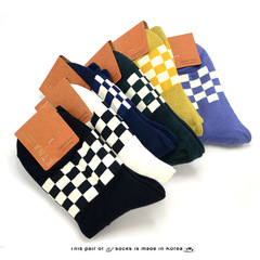 0 Korean socks, mid-calf black and white checkered, etna empole, women's socks, college style, casual, crew, cotton, autumn