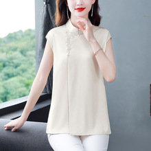 纯色衬衣上衣女2023夏季新款时尚立领拼接钉珠绣花设计感宽松小衫
