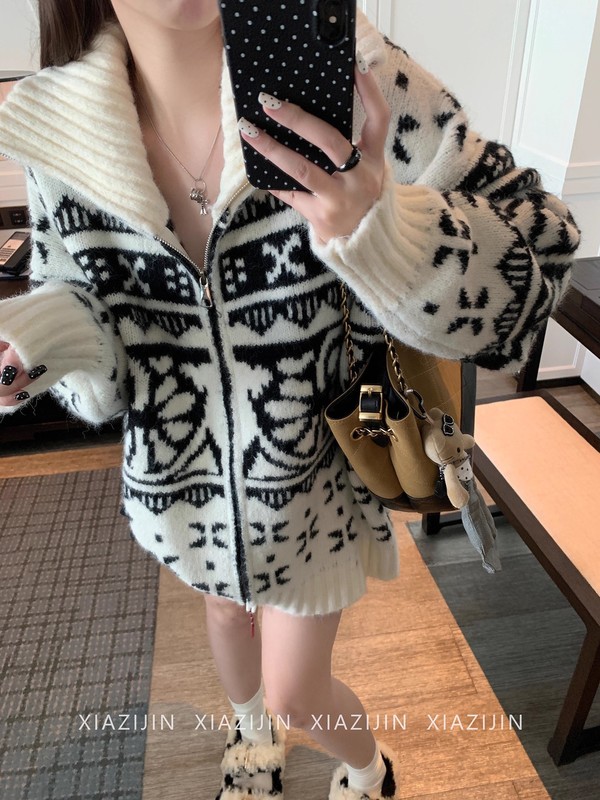 复古提花翻领毛衣外套女2025新款秋冬慵懒设计感宽松拉链针织开衫|undefined