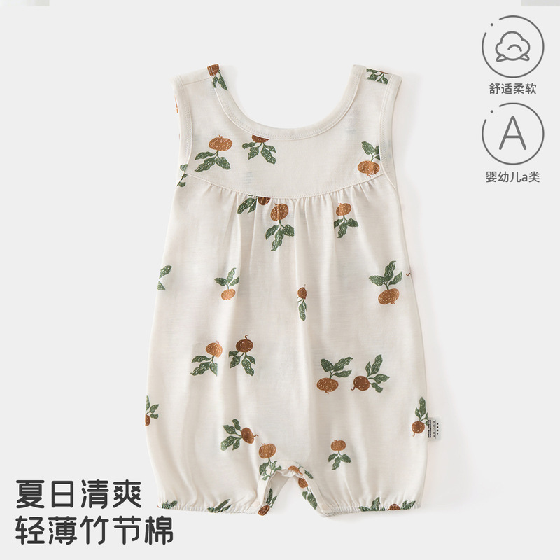 Baby Summer Bamboo Cotton Sleeveless Romper Infant Class a Lightweight Breathable Vest-Style Printed Crawling Suit