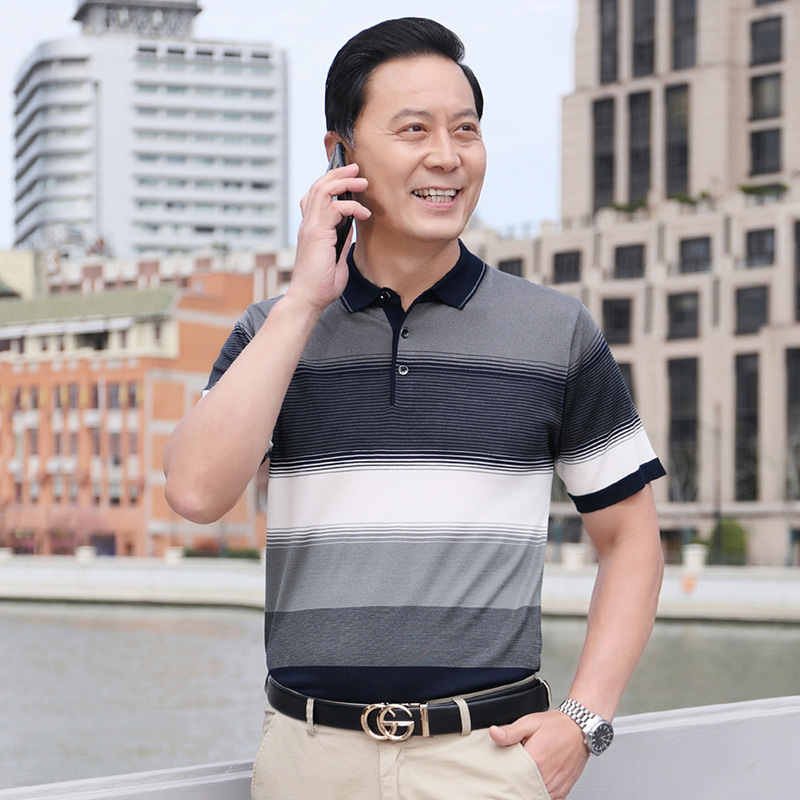 Camiseta de manga corta de seda de hielo de verano de papá camiseta de solapa de hombre de mediana edad suelta camisa de fondo de hombre de mediana edad y anciano