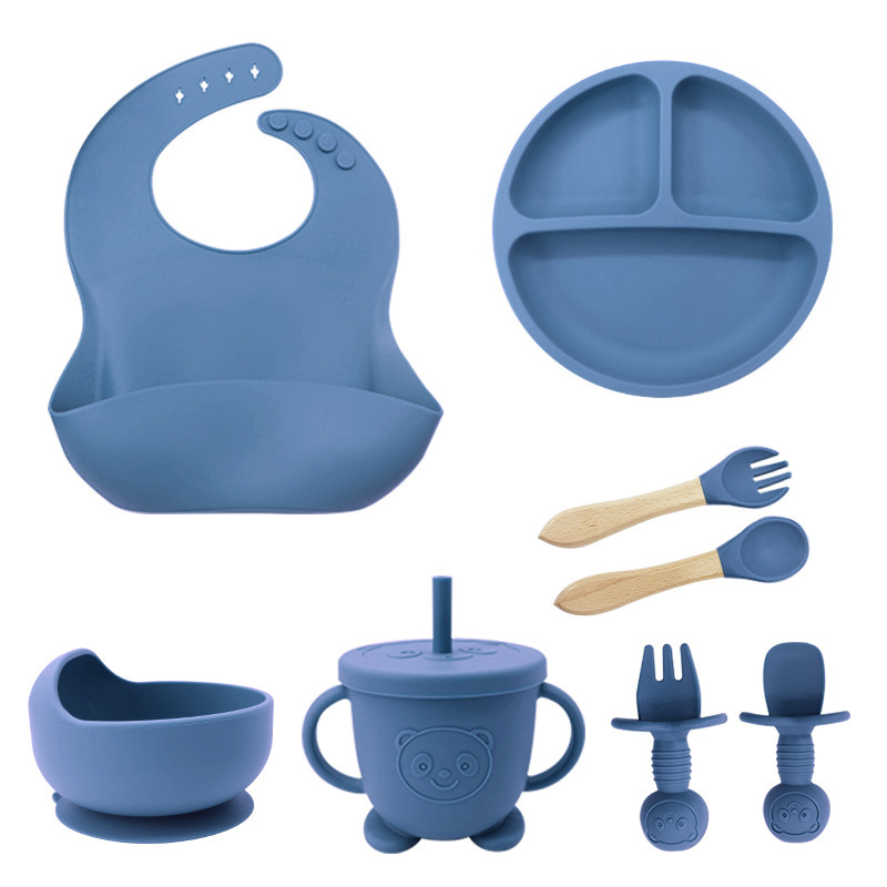 Eight-piece set (115g Bib + suction cup + bowl + straw cup + wooden fork spoon + bear fork spoon): dark blue