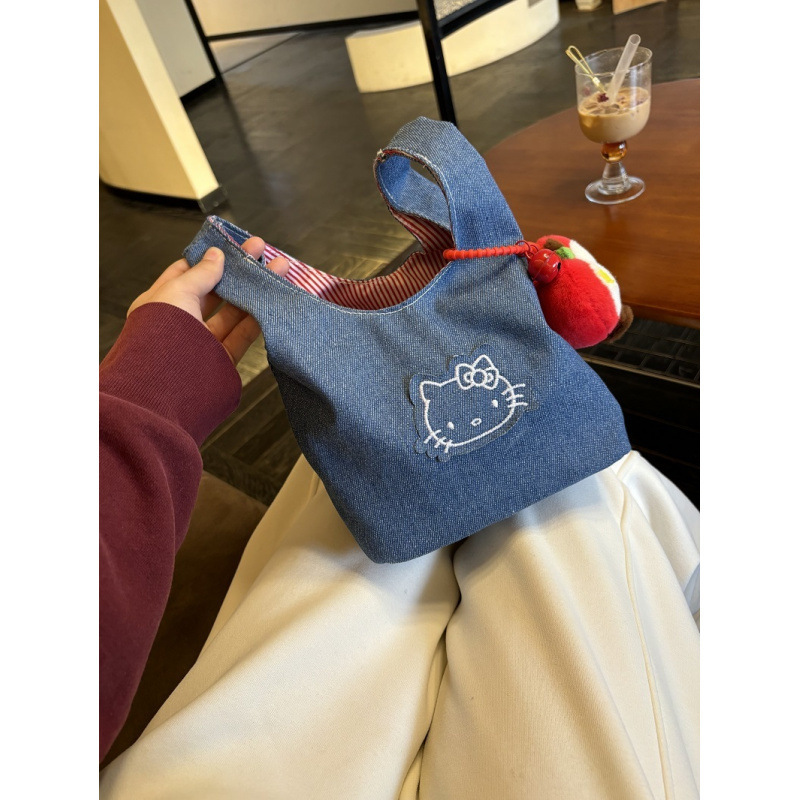 かわいい新しいデニムキティ通勤刺繍バッグポータブルストレージ外出コントラストカラーポータブル小さなバッグ|undefined