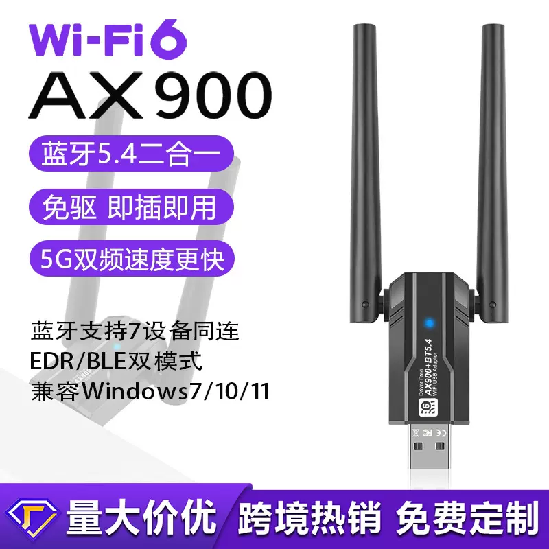 WiFi6双频5G无线网卡AX900M免驱 usb蓝牙5.4二合一台式电脑适配器