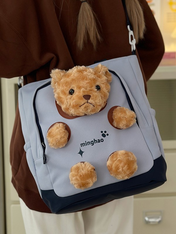 Cute Doll Canvas Bag for Women Large Capacity Bear Plush Crossbody Tote Bag for Girls Junior High School Students Handbag