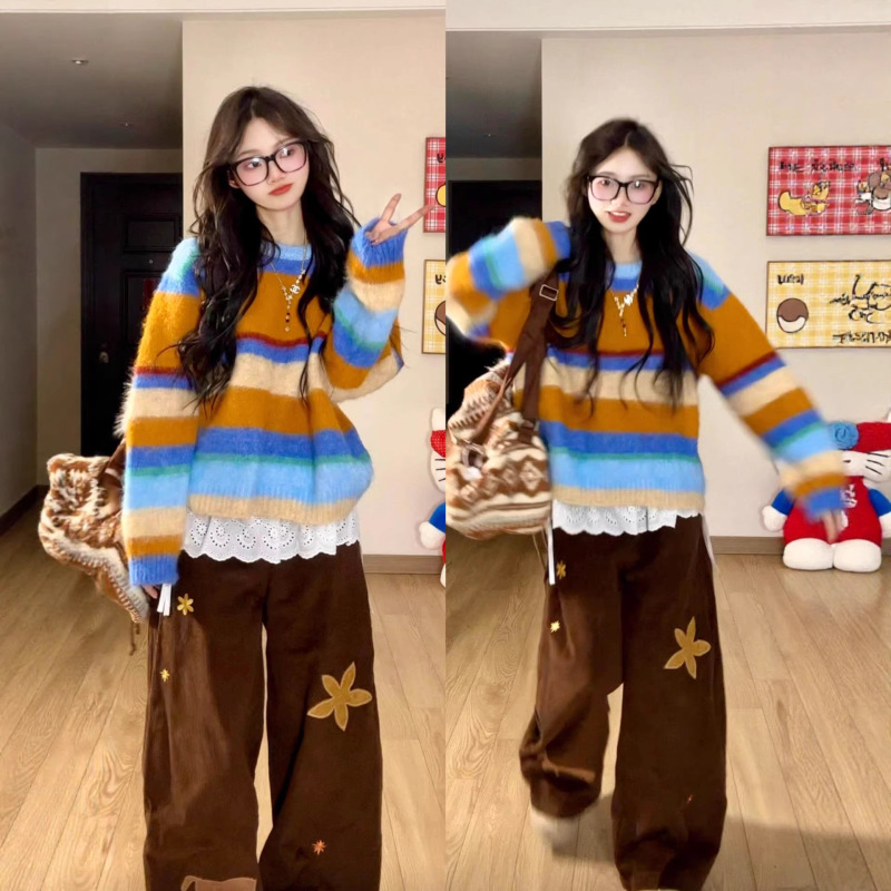 Rainbow Striped Crew Neck Pullover Fuzzy Sweater for Women 2025 Autumn and Winter New Style Loose Lazy Style Soft Knit Top