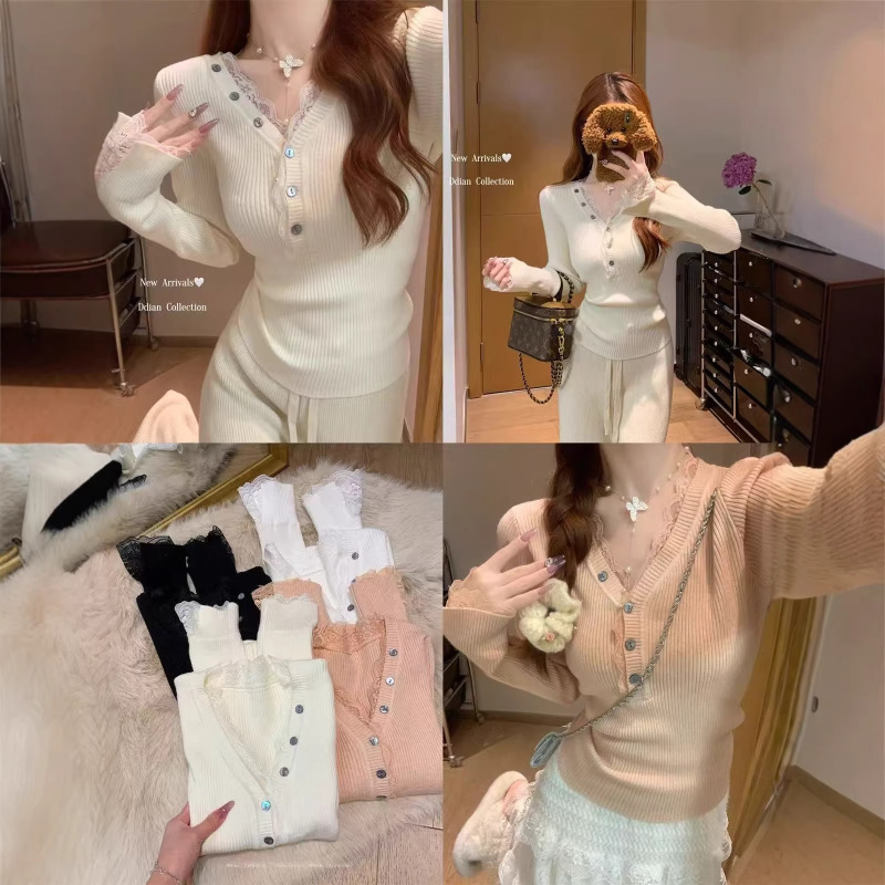 Lace Patchwork V-Neck Base Shirt for Women, Autumn and Winter Button-Up Knit Top, Versatile Slim-Fit Long-Sleeve Top
